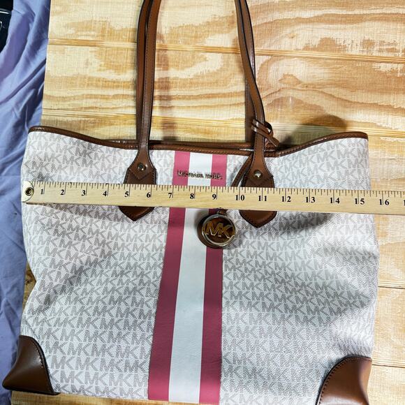 Michael Kors Eva Large Tote White/Ivory Pink Stripe Coated Canvas Purse Bag - Picture 13 of 13
